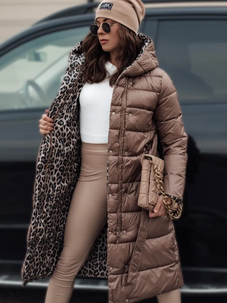 Kurtki Damskie>Dstreet Kurtka damska VELVETTI długa pikowana z kapturem dwustronna kamelowa TY4650