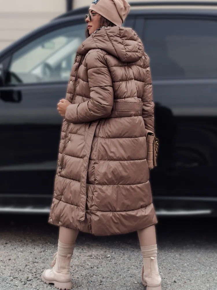 Kurtki Damskie>Dstreet Kurtka damska VELVETTI długa pikowana z kapturem dwustronna kamelowa TY4650