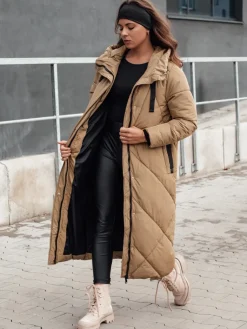 Kurtki Damskie>Dstreet Kurtka damska zimowa długa pikowana z kapturem STREETFIT beżowa TY4600