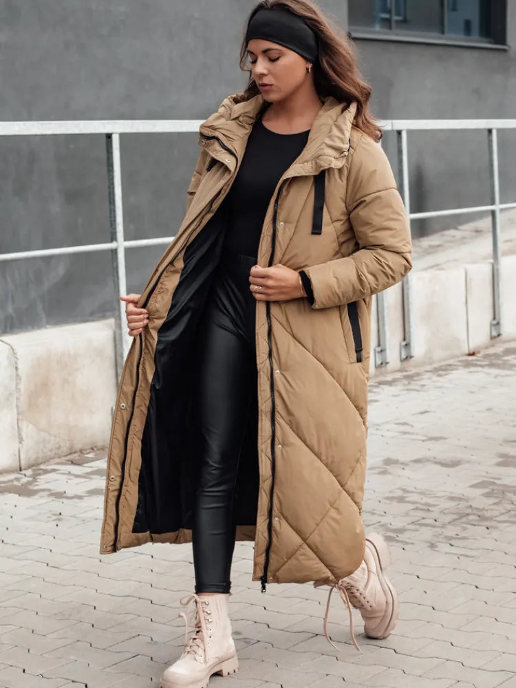 Kurtki Damskie>Dstreet Kurtka damska zimowa długa pikowana z kapturem STREETFIT beżowa TY4600