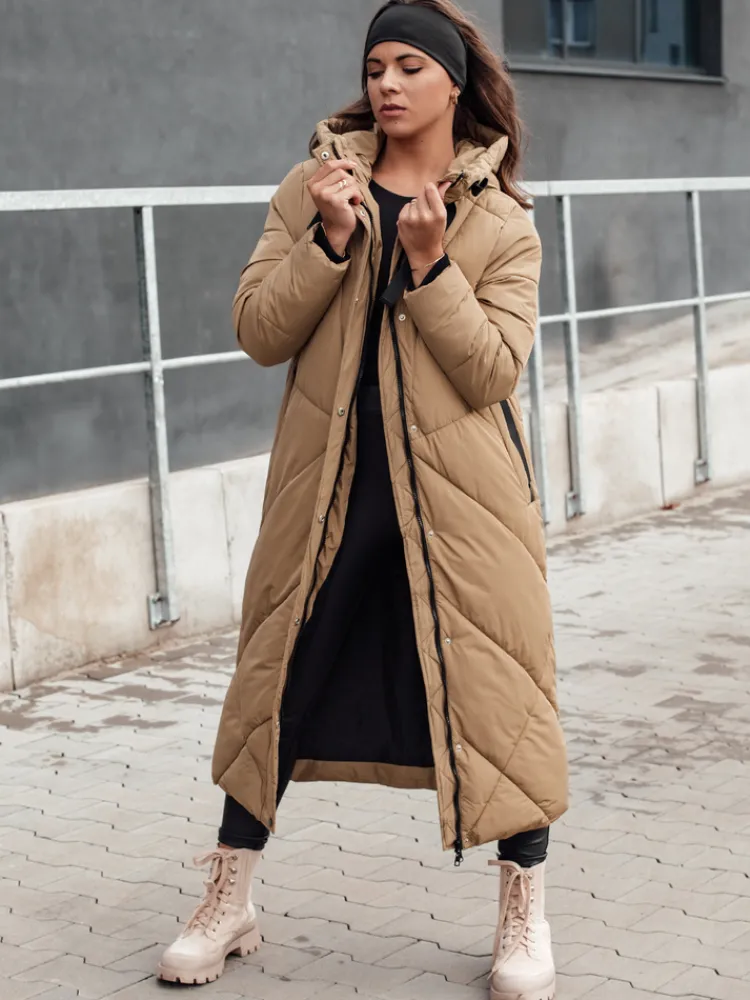 Kurtki Damskie>Dstreet Kurtka damska zimowa długa pikowana z kapturem STREETFIT beżowa TY4600
