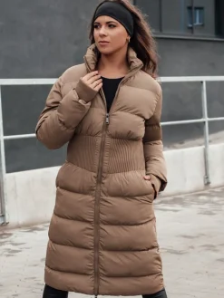 Kurtki Damskie>Dstreet Kurtka damska zimowa długa pikowana FABWARM beżowa TY4621