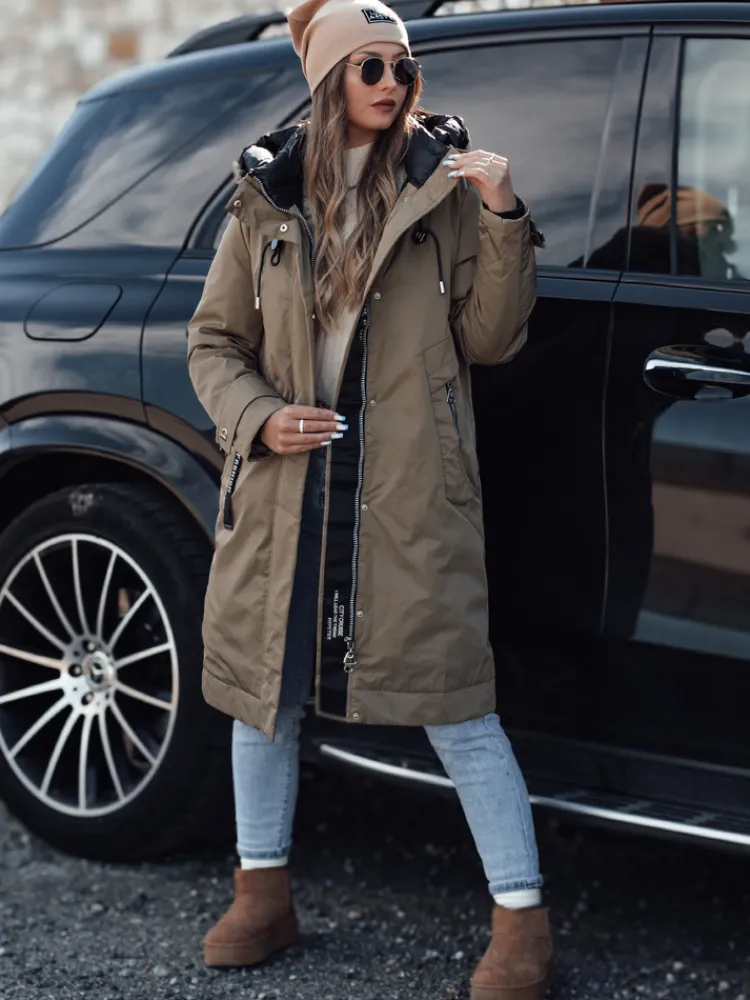 Kurtki Damskie>Dstreet Kurtka damska zimowa ELEGANTI długa z kapturem beżowa TY4659