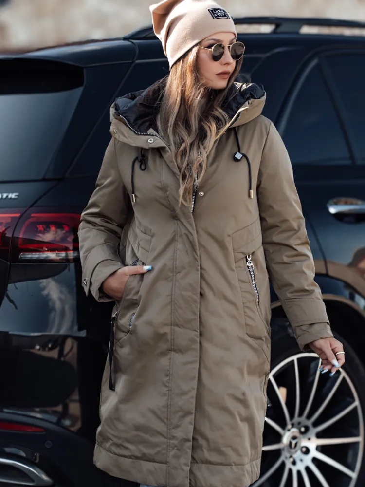 Kurtki Damskie>Dstreet Kurtka damska zimowa ELEGANTI długa z kapturem beżowa TY4659