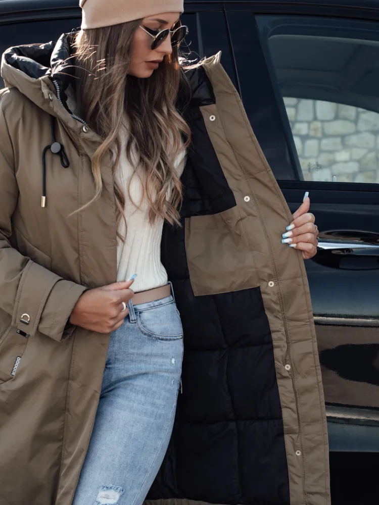 Kurtki Damskie>Dstreet Kurtka damska zimowa ELEGANTI długa z kapturem beżowa TY4659