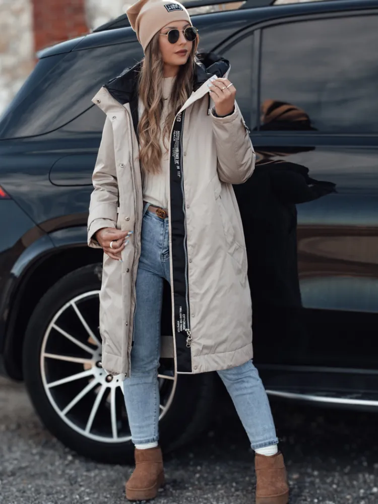 Kurtki Damskie>Dstreet Kurtka damska zimowa ELEGANTI długa z kapturem jasnoszara TY4657