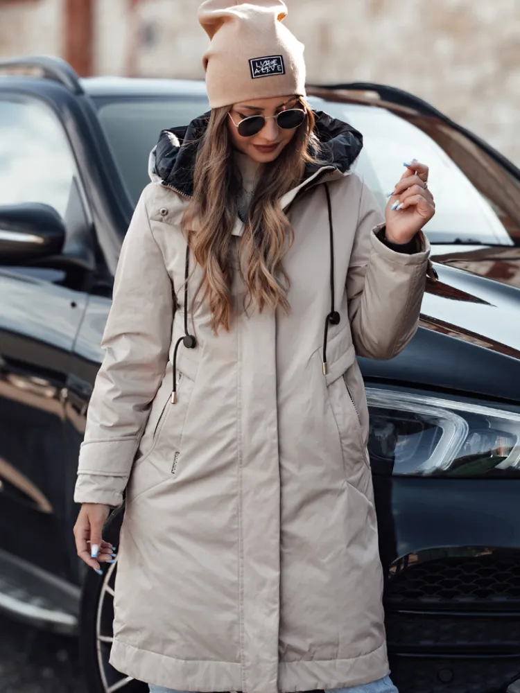 Kurtki Damskie>Dstreet Kurtka damska zimowa ELEGANTI długa z kapturem jasnoszara TY4657