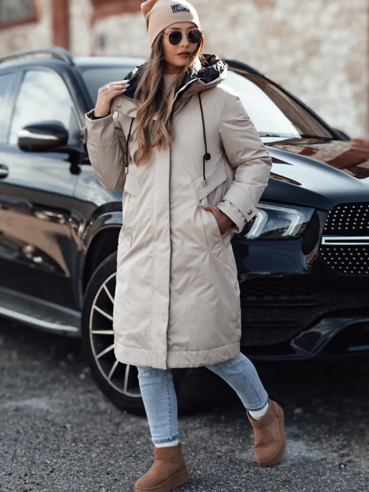 Kurtki Damskie>Dstreet Kurtka damska zimowa ELEGANTI długa z kapturem jasnoszara TY4657