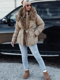 Kurtki Damskie>Dstreet Kurtka damska zimowa FURSOFT pikowana z kapturem beżowa TY4668