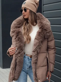 Kurtki Damskie>Dstreet Kurtka damska zimowa FURSOFT pikowana z kapturem ciemnobeżowa TY4669