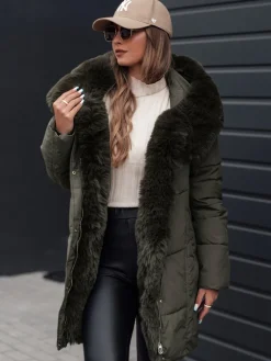 Kurtki Damskie>Dstreet Kurtka damska zimowa MORISIO długa pikowana z kapturem zielona TY4671