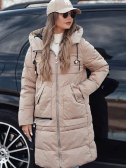 Kurtki Damskie>Dstreet Kurtka damska zimowa NORFFI długa pikowana z kapturem beżowa TY4662