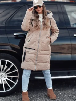 Kurtki Damskie>Dstreet Kurtka damska zimowa NORFFI długa pikowana z kapturem beżowa TY4662