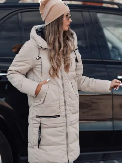 Kurtki Damskie>Dstreet Kurtka damska zimowa NORFFI długa pikowana z kapturem jasnobeżowa TY4664