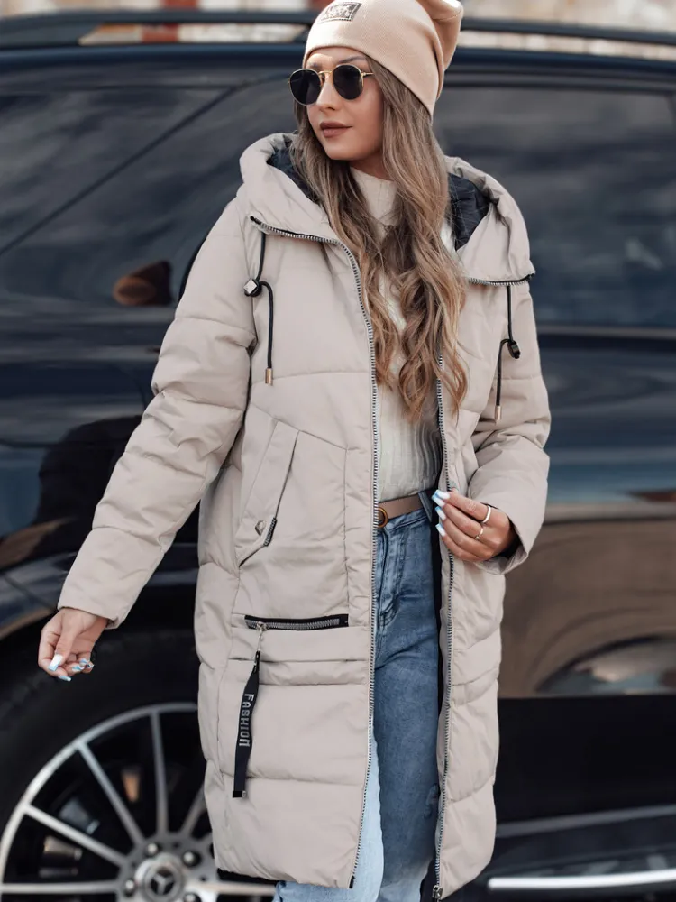 Kurtki Damskie>Dstreet Kurtka damska zimowa NORFFI długa pikowana z kapturem jasnobeżowa TY4664