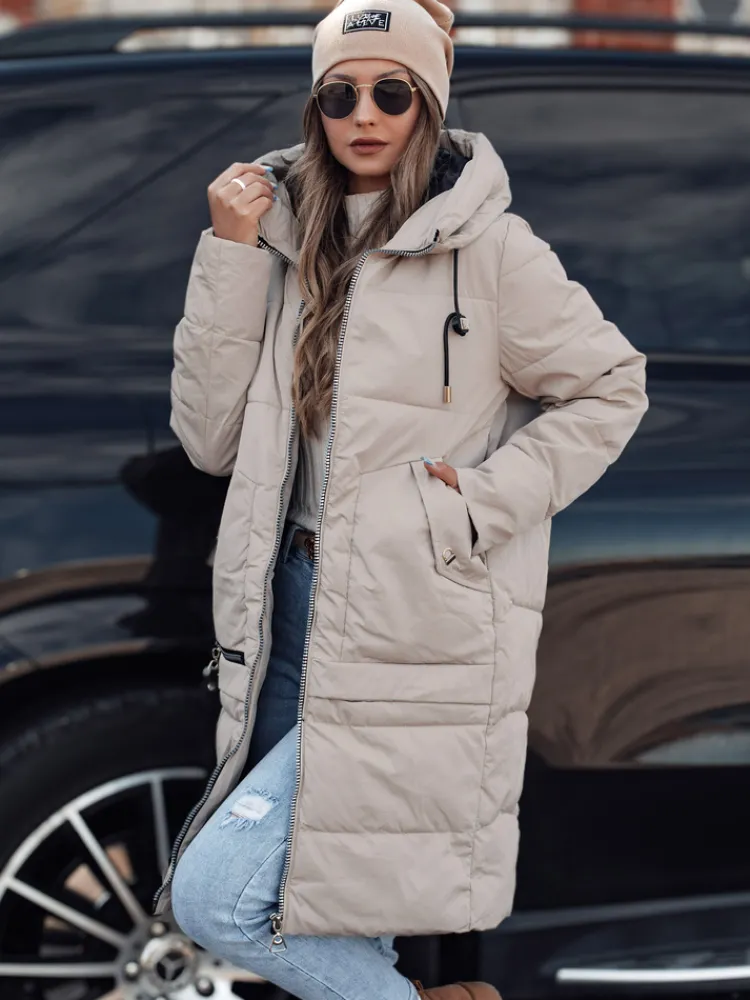 Kurtki Damskie>Dstreet Kurtka damska zimowa NORFFI długa pikowana z kapturem jasnobeżowa TY4664
