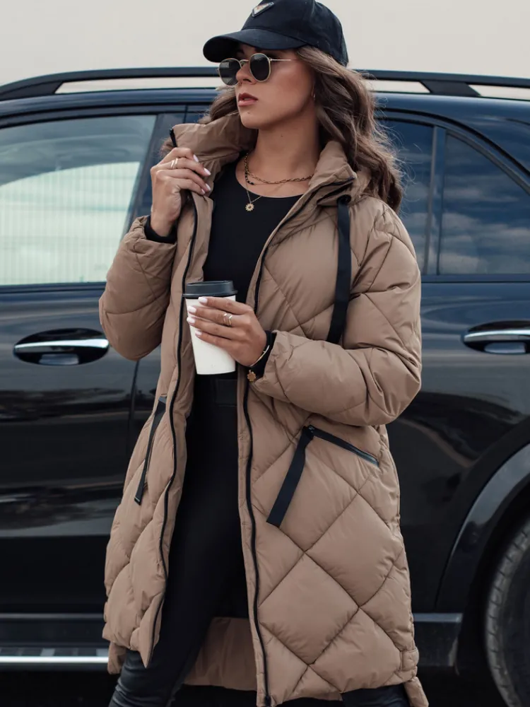 Kurtki Damskie>Dstreet Kurtka damska zimowa oversize MELODY z kapturem ciemnobeżowa TY4562