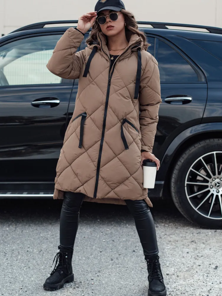 Kurtki Damskie>Dstreet Kurtka damska zimowa oversize MELODY z kapturem ciemnobeżowa TY4562