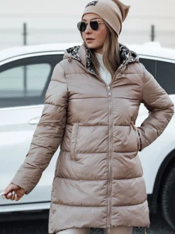 Kurtki Damskie>Dstreet Kurtka damska zimowa PURRBREEZ długa pikowana dwustronna z kapturem kamelowa TY4660