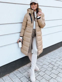 Kurtki Damskie>Dstreet Kurtka zimowa damska pikowana z kapturem MENSI ciemnobeżowa TY3970