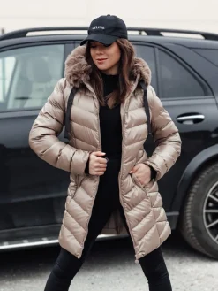 Kurtki Damskie>Dstreet Kurtka zimowa damska pikowana z kapturem CRYSTAL ciemnobeżowa TY4773