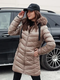 Kurtki Damskie>Dstreet Kurtka zimowa damska pikowana z kapturem CRYSTAL ciemnobeżowa TY4773