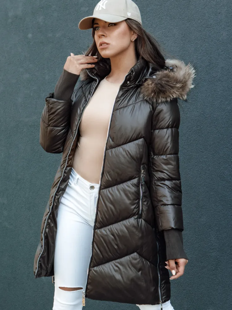 Kurtki Damskie>Dstreet Kurtka zimowa damska pikowana futerko z kapturem LAGOON mokka TY4500