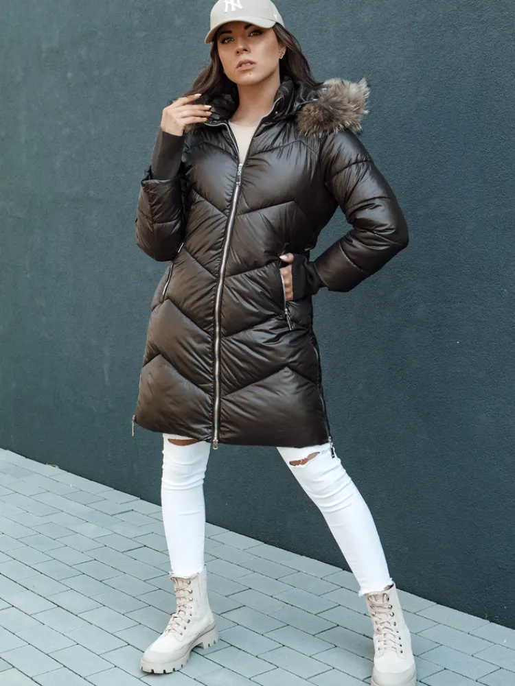 Kurtki Damskie>Dstreet Kurtka zimowa damska pikowana futerko z kapturem LAGOON mokka TY4500