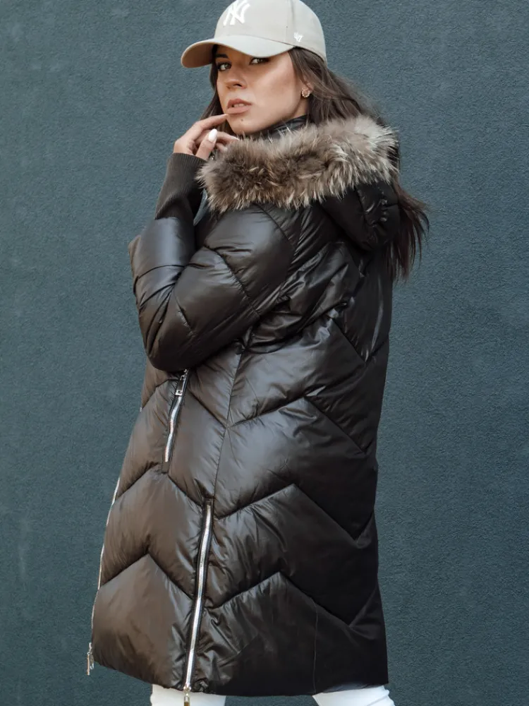 Kurtki Damskie>Dstreet Kurtka zimowa damska pikowana futerko z kapturem LAGOON mokka TY4500