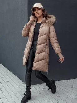 Kurtki Damskie>Dstreet Kurtka zimowa damska pikowana futerko z kapturem LAGOON kamelowa TY4516