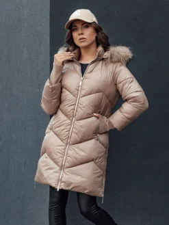Kurtki Damskie>Dstreet Kurtka zimowa damska pikowana futerko z kapturem LAGOON kamelowa TY4516