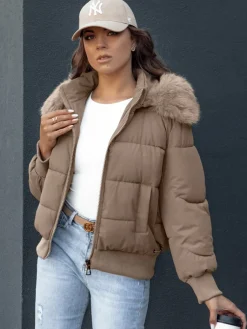 Kurtki Damskie>Dstreet Kurtka zimowa damska pikowana z futerkiem COLDPACK kamelowa TY4427