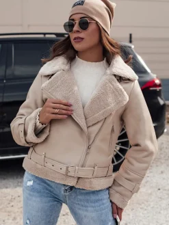 Kożuszki Damskie|Kurtki Damskie>Dstreet Kurtka zimowa damska skórzana BELLCIAO beżowa TY4687