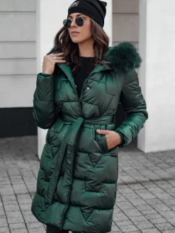 Kurtki Damskie>Dstreet Kurtka zimowa damska STYLOWQ długa pikowana z futerkiem ciemnozielona TY4632