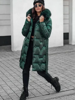 Kurtki Damskie>Dstreet Kurtka zimowa damska STYLOWQ długa pikowana z futerkiem ciemnozielona TY4632