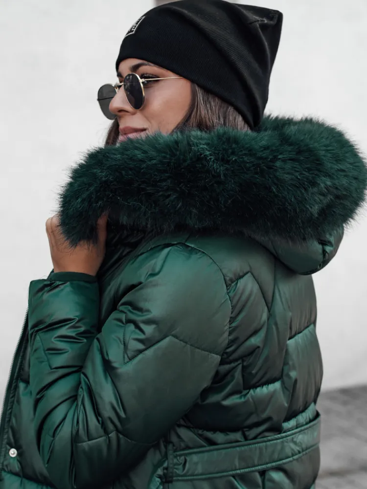 Kurtki Damskie>Dstreet Kurtka zimowa damska STYLOWQ długa pikowana z futerkiem ciemnozielona TY4632