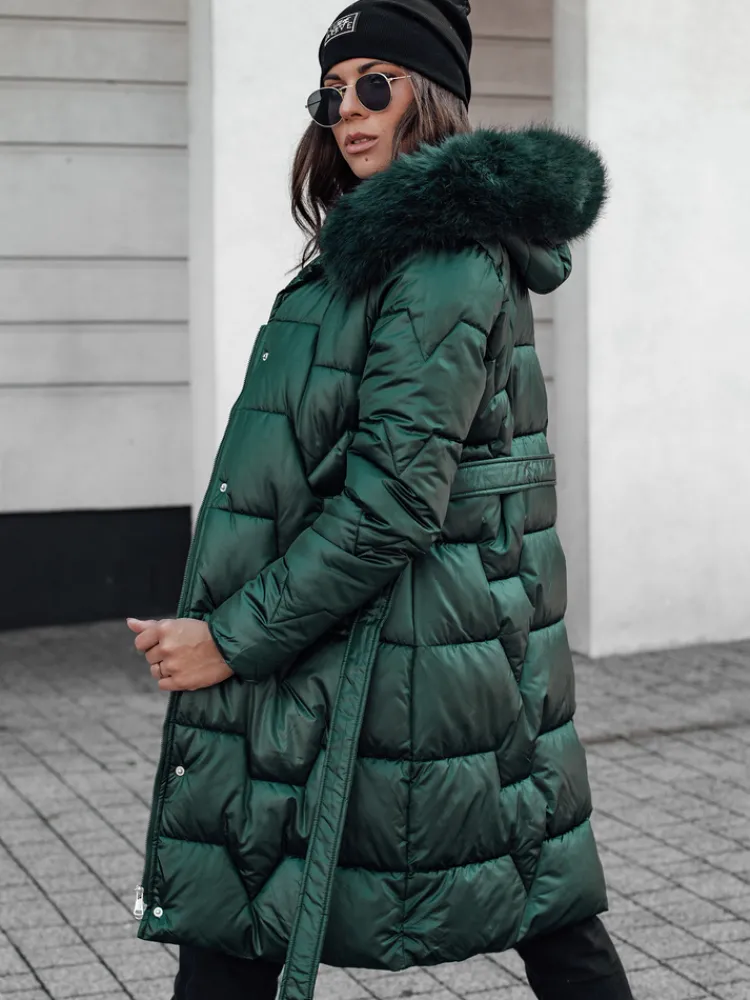 Kurtki Damskie>Dstreet Kurtka zimowa damska STYLOWQ długa pikowana z futerkiem ciemnozielona TY4632
