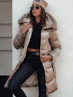 Kurtki Damskie>Dstreet Kurtka zimowa damska ULTRAWAY pikowana z kapturem kamelowa TY4643