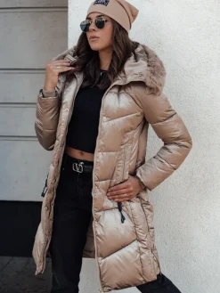 Kurtki Damskie>Dstreet Kurtka zimowa damska ULTRAWAY pikowana z kapturem kamelowa TY4643