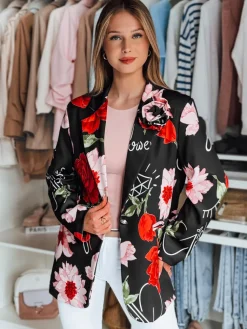 Marynarki Damskie|Wyjątkowe Okazje>Dstreet Marynarka damska one size oversize w kwiaty PETALISSA czarna PY0125