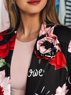 Marynarki Damskie|Wyjątkowe Okazje>Dstreet Marynarka damska one size oversize w kwiaty PETALISSA czarna PY0125
