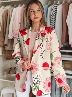 Marynarki Damskie|Wyjątkowe Okazje>Dstreet Marynarka damska one size oversize w kwiaty PETALISSA jasnobeżowa PY0124