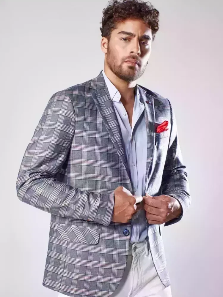 Marynarki Męskie>Dstreet Marynarka męska w kratę granatowa MX0567