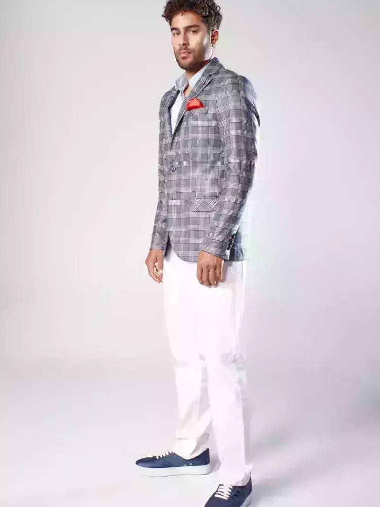 Marynarki Męskie>Dstreet Marynarka męska w kratę granatowa MX0567