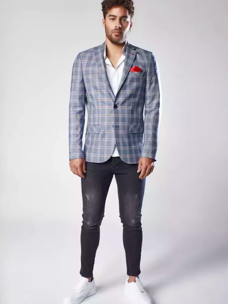 Marynarki Męskie>Dstreet Marynarka męska w kratę granatowa MX0566