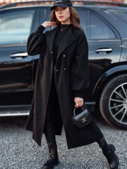 Płaszcze Damskie>Dstreet Płaszcz damski OPULENA długi z paskiem czarny NY0719