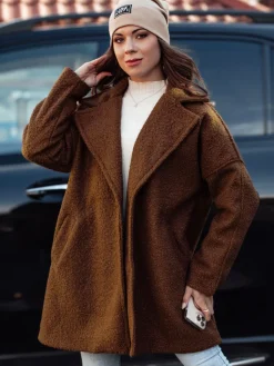 Płaszcze Damskie>Dstreet Płaszcz damski PLUSHLINE baranek długi czekoladowy NY0712