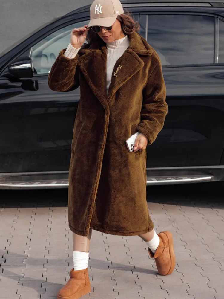 Kożuszki Damskie|Płaszcze Damskie>Dstreet Płaszcz damski zimowy GLAMFUR długi futerkowy kamelowy TY4699