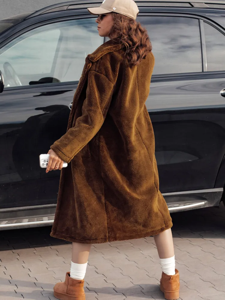 Kożuszki Damskie|Płaszcze Damskie>Dstreet Płaszcz damski zimowy GLAMFUR długi futerkowy kamelowy TY4699