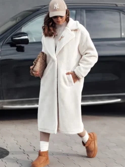 Kożuszki Damskie|Płaszcze Damskie>Dstreet Płaszcz damski zimowy GLAMFUR długi futerkowy beżowy TY4698